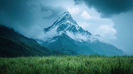 Fototapeta premium Majestic Mountain Peak Above Verdant Meadow