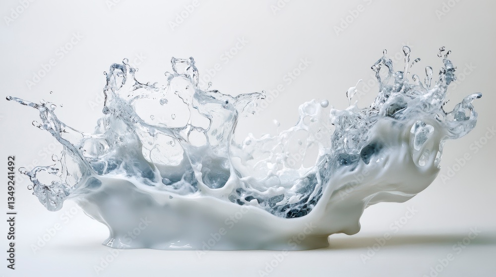 Poster dynamic splash of white liquid, frozen in mid-air against a light background, showcasing texture and