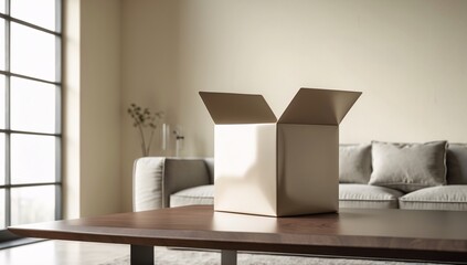 A serene living room setup featuring an open brown box on a wooden table, with soft sunlight filtering through a large window.