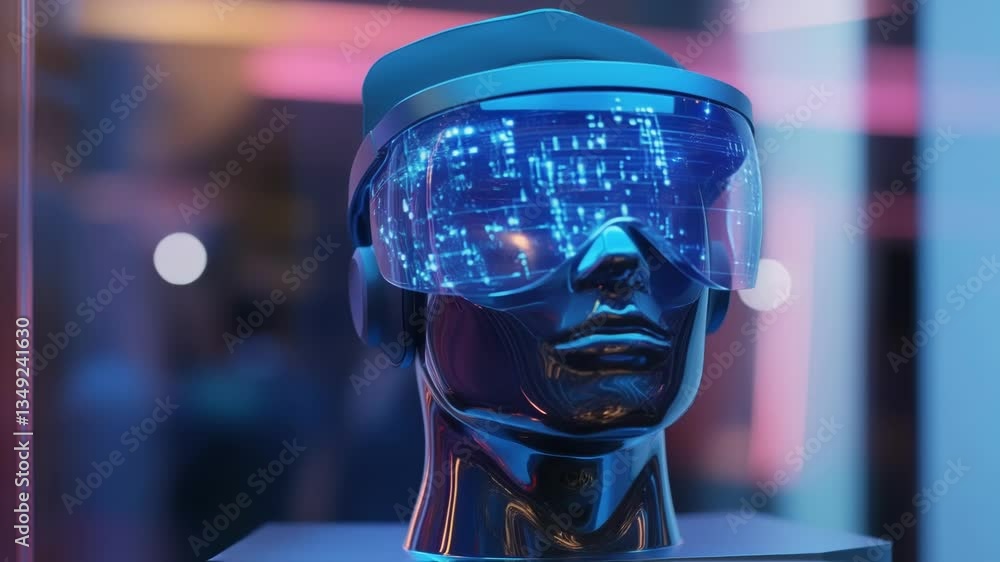 Poster a closeup view of an advanced vr headset on a sleek pedestal with a holographic projection of the pr