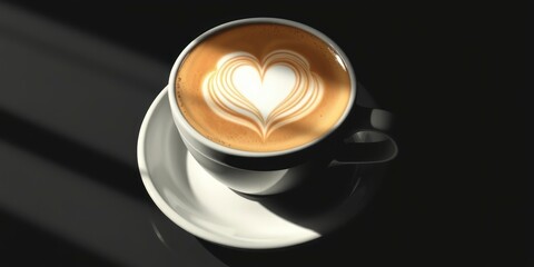 A high-contrast, low-key image of a cappuccino, its foam art a delicate love heart
