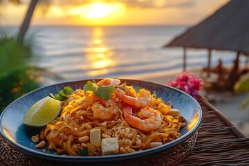 Enjoying vibrant pad thai with shrimp during sunset at a beachside location in Thailand