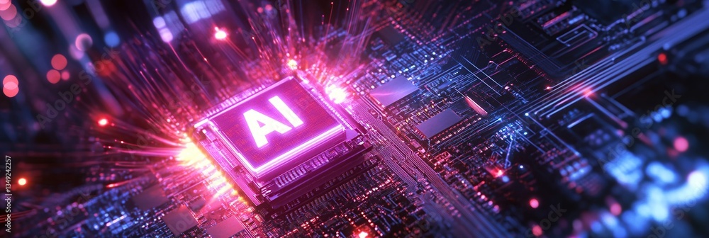Poster glowing ai microchip on circuit board