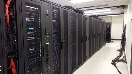Modern Data Center Server Room With Black Racks and Structured Cabling