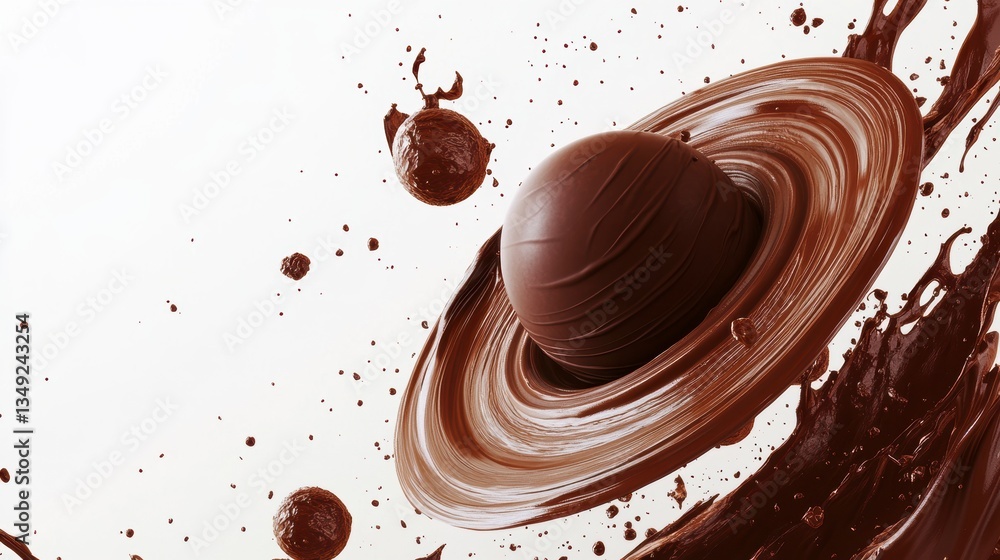 Poster chocolate planet with rings and splashing liquid, isolated on white.