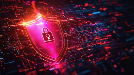 A locked digital shield glowing brightly against a dark background filled with network lines and security symbols.