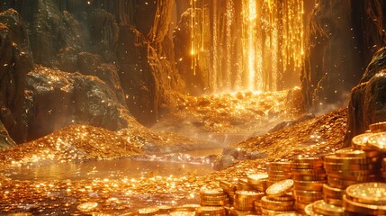 Enchanted cave filled with shimmering gold coins and cascading waterfalls, creating a magical atmosphere