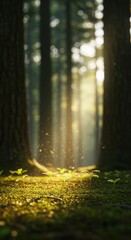 Obraz premium New green sprouts in forest with sunlight for springtime card. Beginning of new life, growth and future success. Nature background, copy space. World Environment day, Arbor or Greenery day concept. 