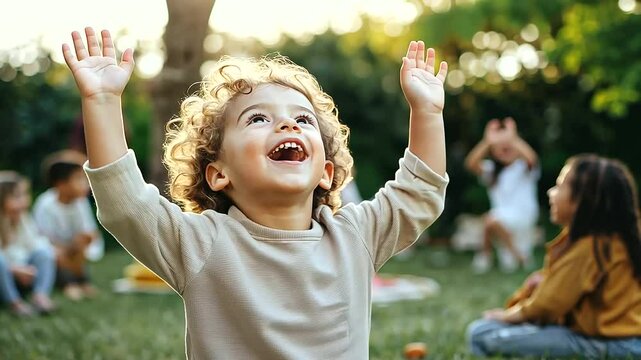 A confident child directing a backyard play with friends and props