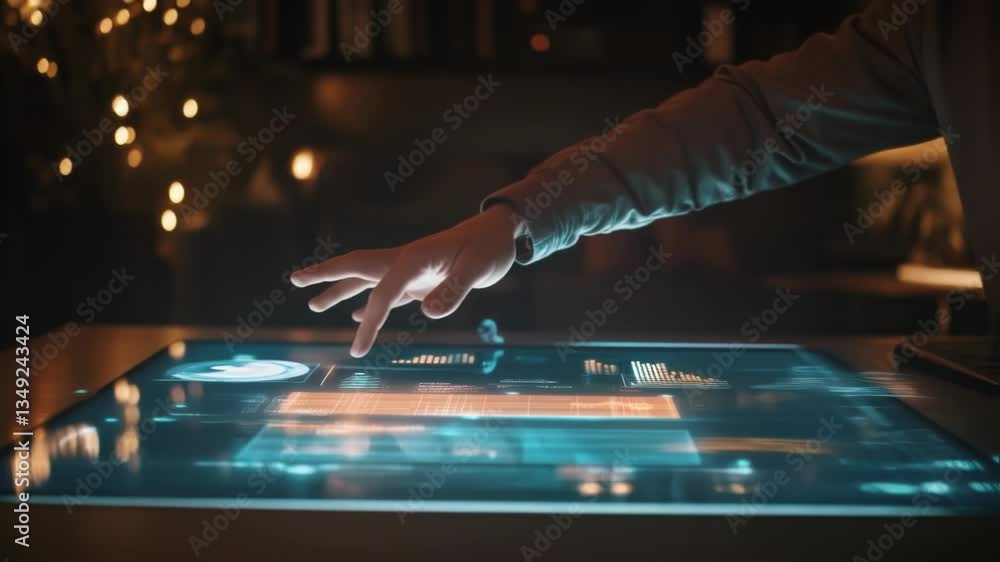 Poster a modern workspace illuminated by soft ambient lighting featuring a holographic interface projected 
