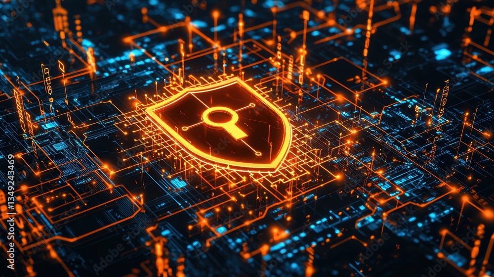 Poster a locked digital shield glowing brightly against a dark background filled with network lines and sec