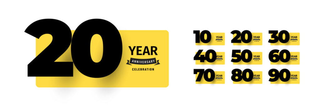 Modern anniversary celebration design set featuring bold numbers from 10 to 90 with stylish typography on yellow backgrounds. Ideal for greeting card and birthday banner. Vector illustration