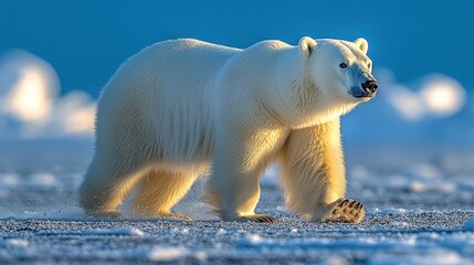 Majestic polar bear traversing snowy landscape, bathed in golden sunlight
