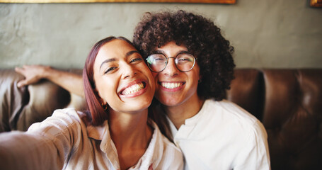 Date, love and selfie with happy couple in coffee shop together for bonding, memories or romance....