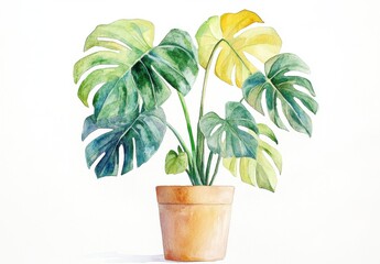 Obraz premium Watercolor Painting of Variegated Monstera Deliciosa in Terracotta Pot
