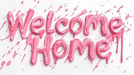 A welcoming message rendered in vibrant pink paint, "Welcome Home", with paint drips and splatters against a clean white background, creating a cheerful vibe.
