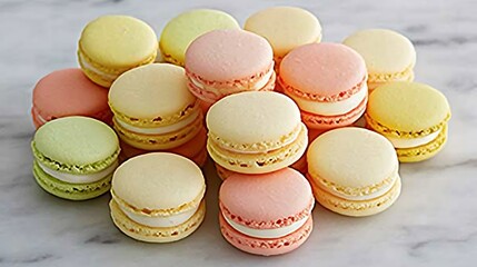 A colorful pile of assorted delicate french sweet macarons pastries