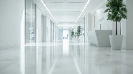 A modern, spacious lobby with an all-white palette, curved ceilings, marble columns, glass windows, sleek reflective floors, and greenery accents exudes brightness, luxury, and elegance.