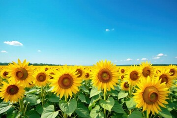 Fototapeta premium Vibrant Sunflowers Basking in Summer's Golden Sunlight Across a Vast Field Under a Clear Blue Sky