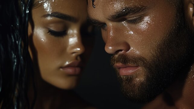 Close-up couple, drenched in sweat, intimate