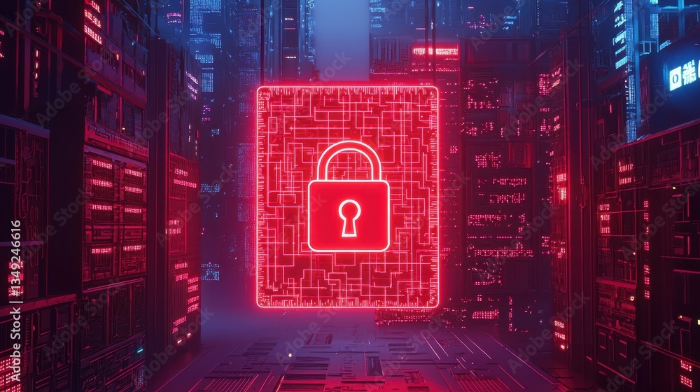 Poster a neon-lit digital padlock hovering over a matrix of computer code, symbolizing cybersecurity and in
