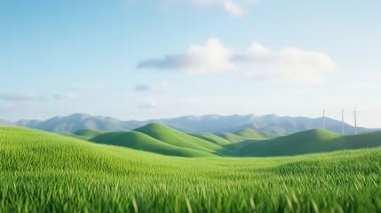 A serene landscape featuring lush green hills, gentle slopes, and distant wind turbines under a clear blue sky.
