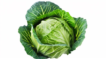 Fototapeta premium A large green cabbage is sitting on a white background. The cabbage is surrounded by green leaves, which give it a fresh and healthy appearance. Concept of vitality and nourishment
