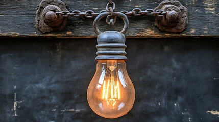 Glowing vintage lightbulb hanging from rustic chain.