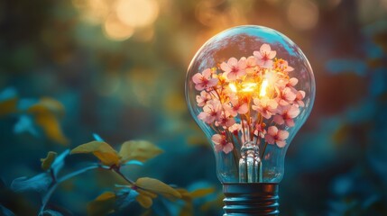 A glowing light bulb filled with delicate pink flowers, symbolizing creativity and the fusion of nature with innovation in a serene environment.