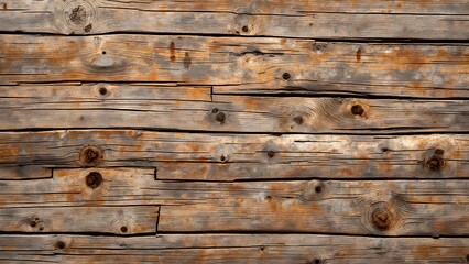 Fototapeta premium A textured wooden wall featuring weathered planks with knots and varying shades of brown, showcasing rustic charm and natural beauty.
