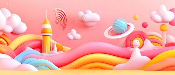 Space probe sending signals digital art technology and exploration colorful environment futuristic viewpoint