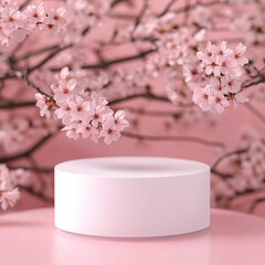 Minimalist white podium with cherry blossoms on a soft pink background.