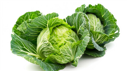 Obraz premium A large green cabbage is sitting on a white background. The cabbage is surrounded by green leaves, which give it a fresh and healthy appearance. Concept of vitality and nourishment
