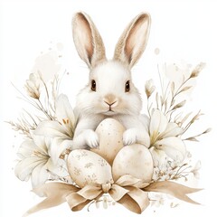 Obraz premium Watercolor cuter white Easter bunny with pastel colors eggs and white lilies isolated on white background