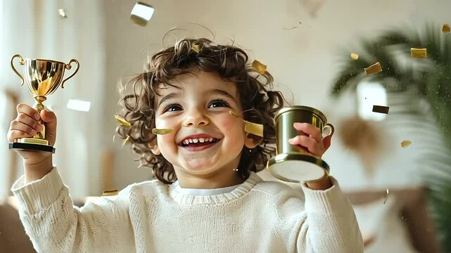 A confident child proudly holding an award in a cozy living room