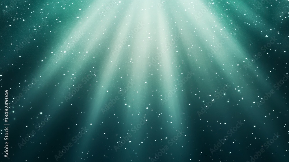 Poster Abstract teal background with light rays and sparkles.