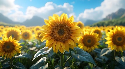 Fototapeta premium Vibrant sunflower field under a bright blue sky