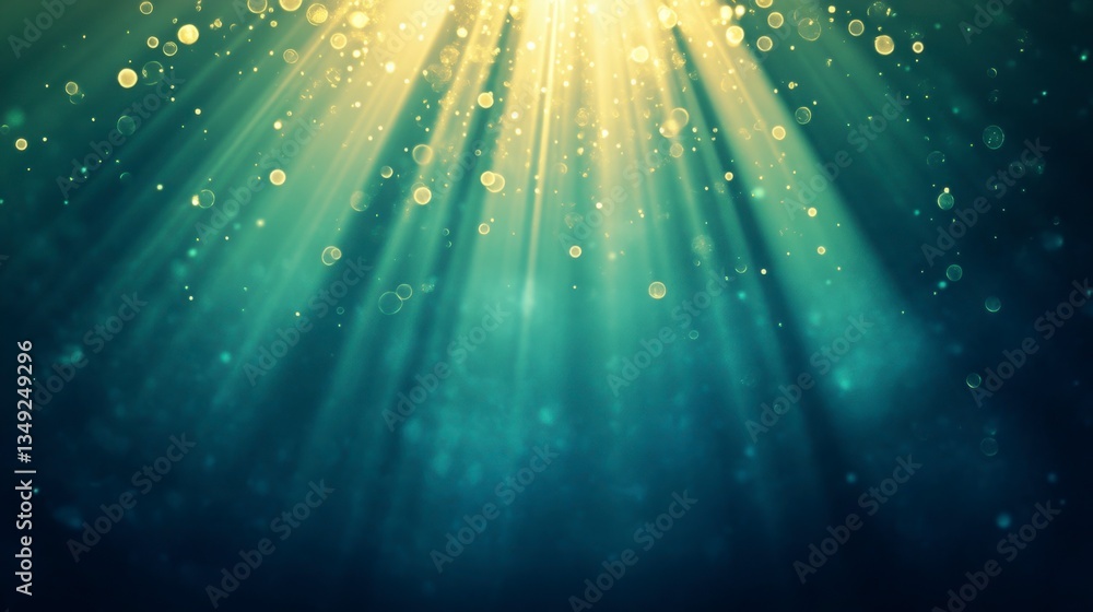 Poster Abstract teal and gold light rays background with bokeh.