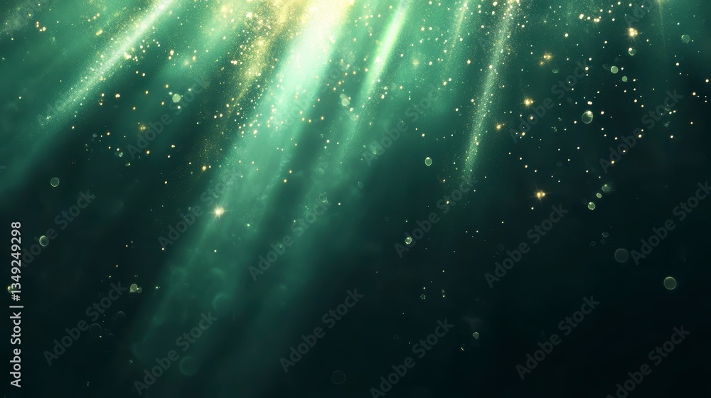 Poster Abstract green and gold light rays with bokeh effect.