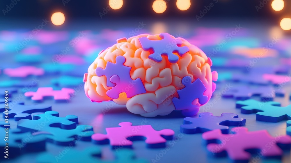 Poster a colorful brain model surrounded by puzzle pieces, symbolizing creativity, problem-solving, and cog