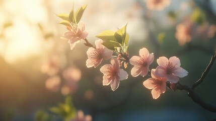 Delicate pink blossoms on a branch, illuminated by soft sunlight, create a peaceful and serene atmosphere in a natural setting.