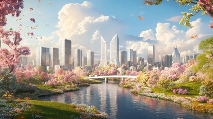 Naklejka premium Spring city park, blossom trees, river, cityscape