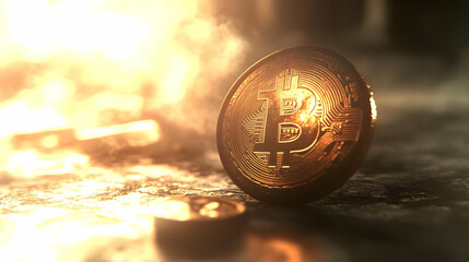 Glowing Bitcoin Icon Against Futuristic Background with Ethereal Light