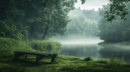 Obraz premium Misty lake, wooden bench, forest, calm morning, nature serenity