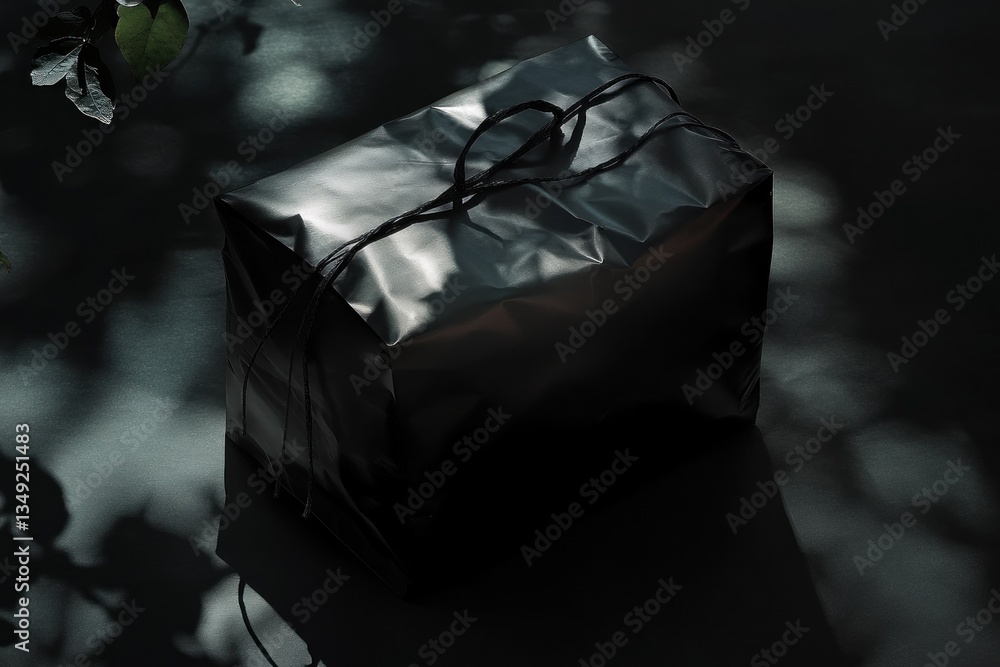 Poster black package resting on dark surface with soft shadows