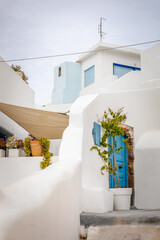 Vertical view of beautiful holiday apartment with turquoise blue door and terrace with plants in Pyrgos Kallistis in Santorini isle, Greece, a picturesque Greek village in mainland perfect for couples