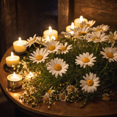 Cozy arrangement of white daisies surrounded by glowing candles on a wooden table. The ambient candlelight creates a peaceful and tranquil setting perfect for relaxation or contemplation.