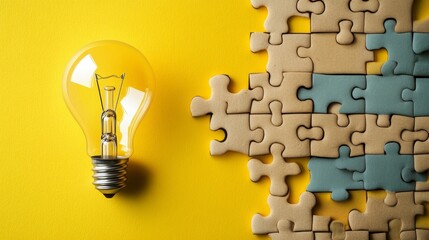 Creative inspiration concept Light bulb and puzzle pieces on yellow background, copy space for text