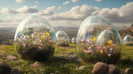 A surreal landscape featuring large, transparent egg-shaped structures containing vibrant flowers, set against a picturesque sky and rolling hills.