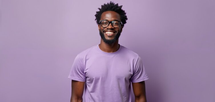 Handsome African American man smiles with glasses on purple backdrop. Black guy in purple t-shirt. Smart male, eyewear, casual wear, studio portrait. Trendy modern look, business, office.